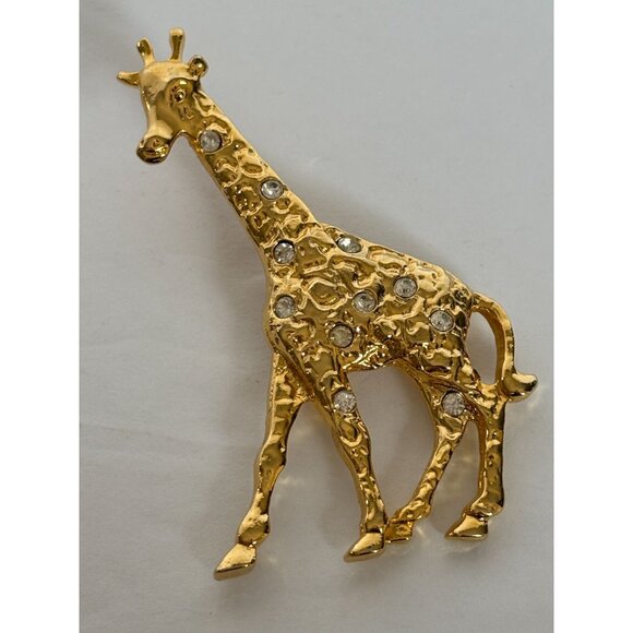 Giraffe Brooch Pin Rhinestone Accents Jewelry Gold-Tone Animal 2.75 Inch Large - Picture 7 of 7